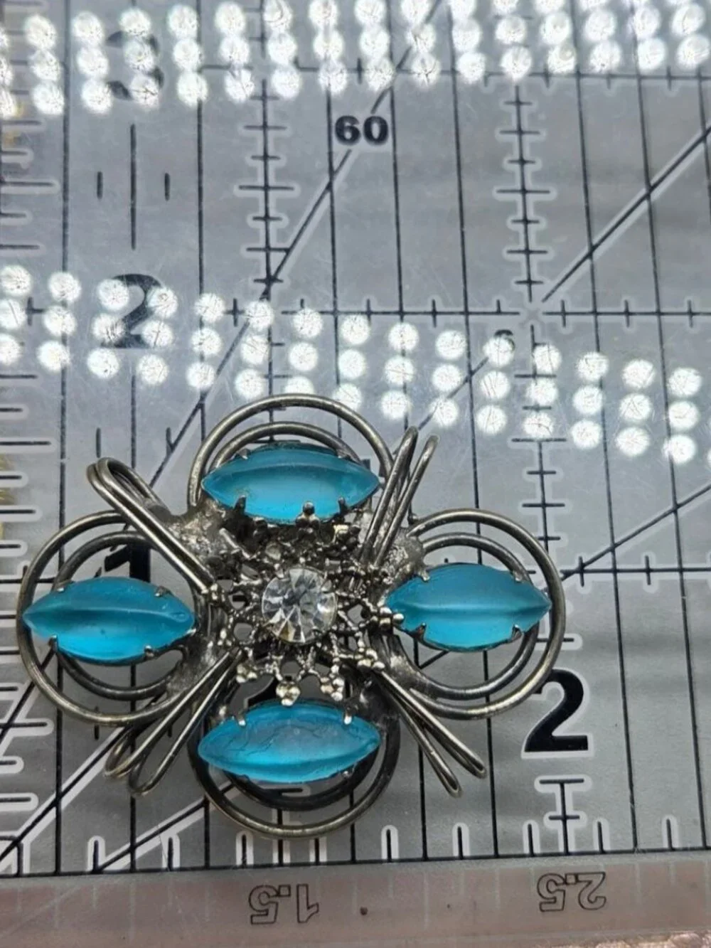 Vintage Frosted Blue Marquise Glass Brooch Wire Wrap Central Rhinestone1980s